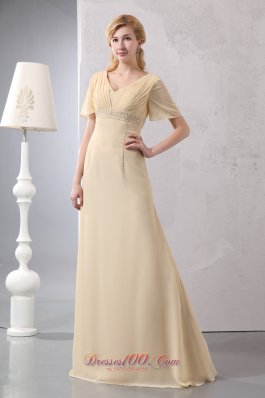 Light Yellow Empire Prom Dress V-neck Chiffon Beading