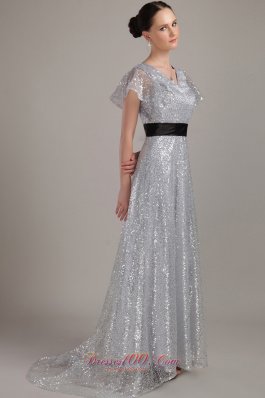 Flounced Short Sleeves V-neck Sequin Belt Mother Bride Dress