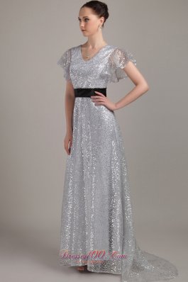 Flounced Short Sleeves V-neck Sequin Belt Mother Bride Dress