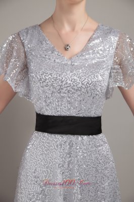 Flounced Short Sleeves V-neck Sequin Belt Mother Bride Dress