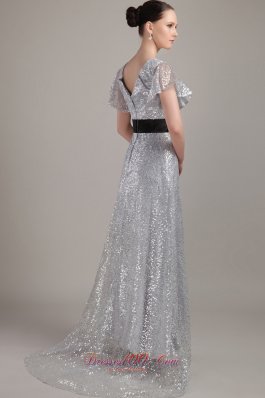 Flounced Short Sleeves V-neck Sequin Belt Mother Bride Dress