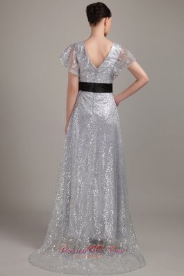 Flounced Short Sleeves V-neck Sequin Belt Mother Bride Dress