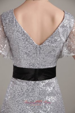 Flounced Short Sleeves V-neck Sequin Belt Mother Bride Dress