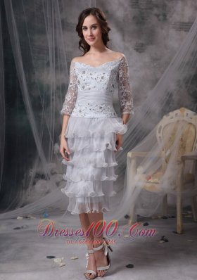 Lace Ruffles Off Shoulder 3/4 Sleeves Mother Of Bride Dress