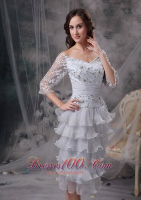 Lace Ruffles Off Shoulder 3/4 Sleeves Mother Of Bride Dress