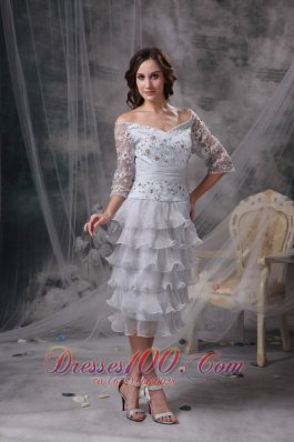 Lace Ruffles Off Shoulder 3/4 Sleeves Mother Of Bride Dress