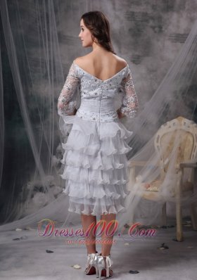 Lace Ruffles Off Shoulder 3/4 Sleeves Mother Of Bride Dress