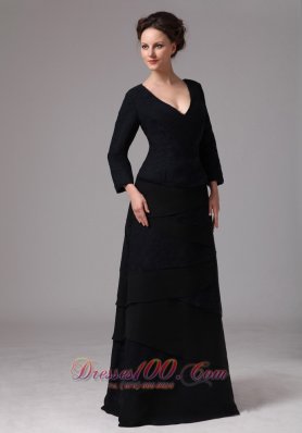 Black V-neck Layers Mother Dress 3/4 Length Sleeves