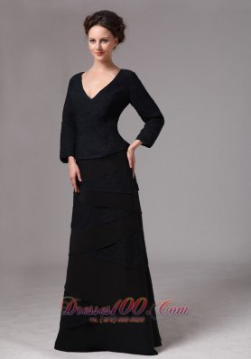 Black V-neck Layers Mother Dress 3/4 Length Sleeves