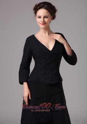 Black V-neck Layers Mother Dress 3/4 Length Sleeves