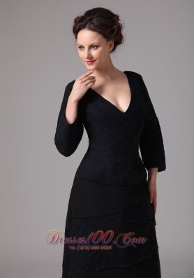 Black V-neck Layers Mother Dress 3/4 Length Sleeves