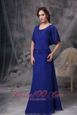 Blue Short Sleeves Square Beading Mother Dress