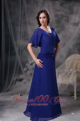 Blue Short Sleeves Square Beading Mother Dress