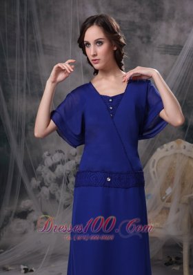 Blue Short Sleeves Square Beading Mother Dress