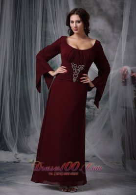 Burgundy Scoop Beading Mother Dress Long Sleeves