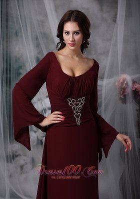 Burgundy Scoop Beading Mother Dress Long Sleeves