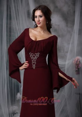 Burgundy Scoop Beading Mother Dress Long Sleeves