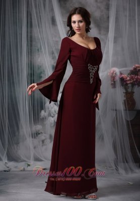 Burgundy Scoop Beading Mother Dress Long Sleeves