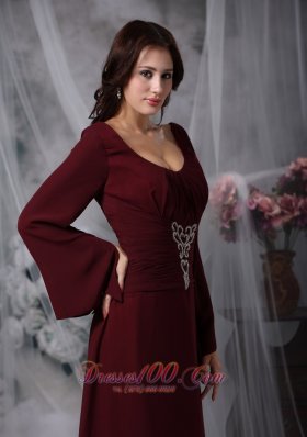 Burgundy Scoop Beading Mother Dress Long Sleeves