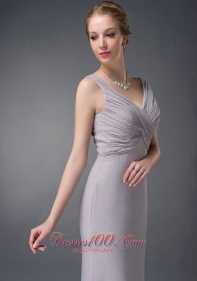 Grey V-neck Ruch Chiffon Mother Of The Bride Dress