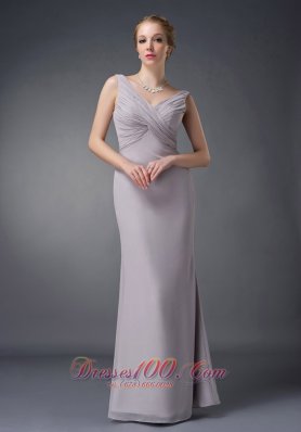 Grey V-neck Ruch Chiffon Mother Of The Bride Dress