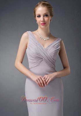 Grey V-neck Ruch Chiffon Mother Of The Bride Dress