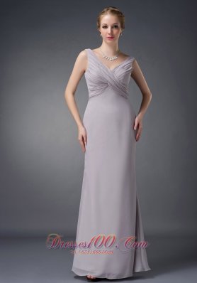 Grey V-neck Ruch Chiffon Mother Of The Bride Dress