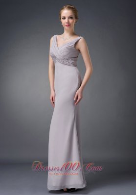 Grey V-neck Ruch Chiffon Mother Of The Bride Dress