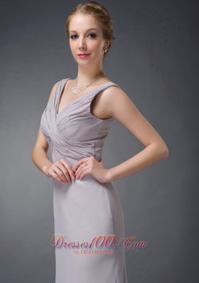 Grey V-neck Ruch Chiffon Mother Of The Bride Dress