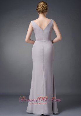 Grey V-neck Ruch Chiffon Mother Of The Bride Dress