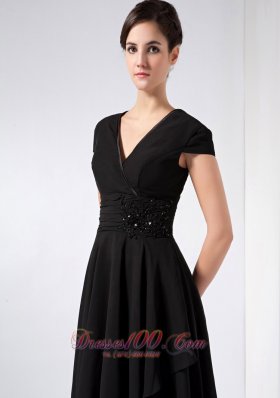 Black V-neck Sequins Mothers Dresses Ankle-length