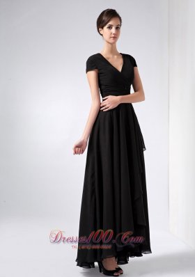 Black V-neck Sequins Mothers Dresses Ankle-length