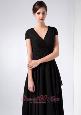 Black V-neck Sequins Mothers Dresses Ankle-length