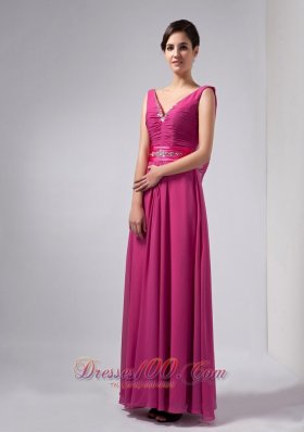 Hot Pink Column Mothers Dresses V-neck Floor-length