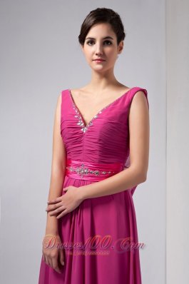 Hot Pink Column Mothers Dresses V-neck Floor-length