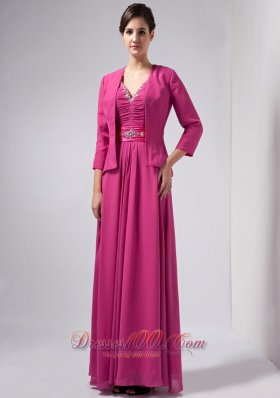 Hot Pink Column Mothers Dresses V-neck Floor-length