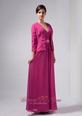 Hot Pink Column Mothers Dresses V-neck Floor-length