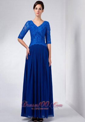 Blue Column Mothers Dresses V-neck Beading Ankle-length