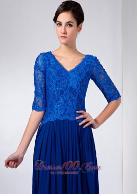 Blue Column Mothers Dresses V-neck Beading Ankle-length