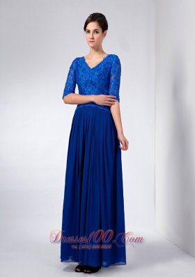 Blue Column Mothers Dresses V-neck Beading Ankle-length