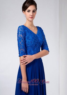 Blue Column Mothers Dresses V-neck Beading Ankle-length