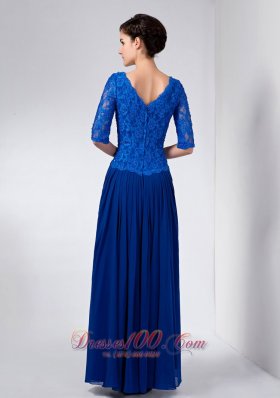 Blue Column Mothers Dresses V-neck Beading Ankle-length