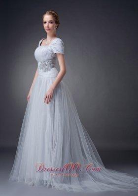 Gray Square Mother Of The Bride Dress Tulle Appliques