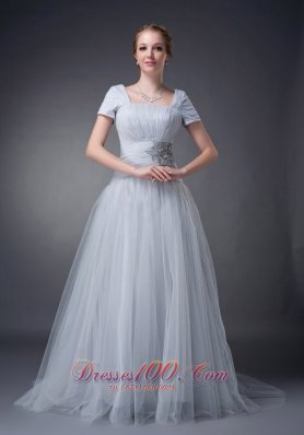 Gray Square Mother Of The Bride Dress Tulle Appliques