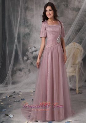 Square Neck Half Sleeves Sweep Train Mother Of The Bride Dress