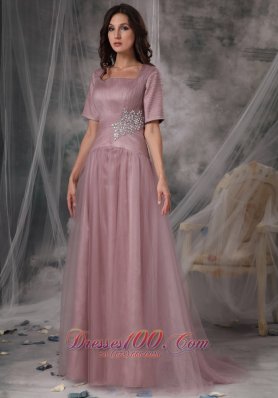 Square Neck Half Sleeves Sweep Train Mother Of The Bride Dress