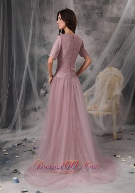 Square Neck Half Sleeves Sweep Train Mother Of The Bride Dress