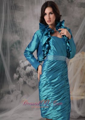 Turquoise Column Ruched Mom's Dress With Jacket