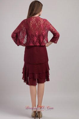 Layered Burgundy Mother Bride Dress With Lace Jacket