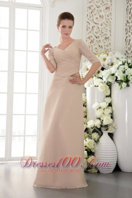 Half Sleeves Champagne V-Neck Mother Of The Bride Dress